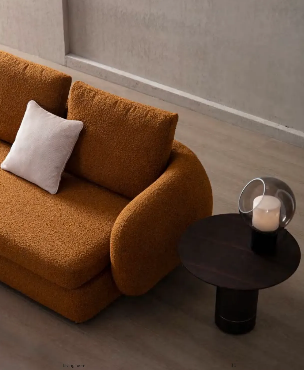 Orange Couch Fabric and Side Table